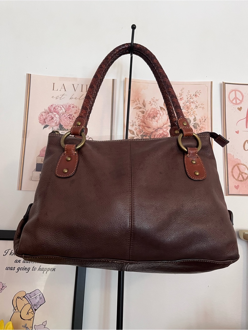 Fossil Brown Leather Satchel Shoulder Bag Braided Handles Brass Hardware